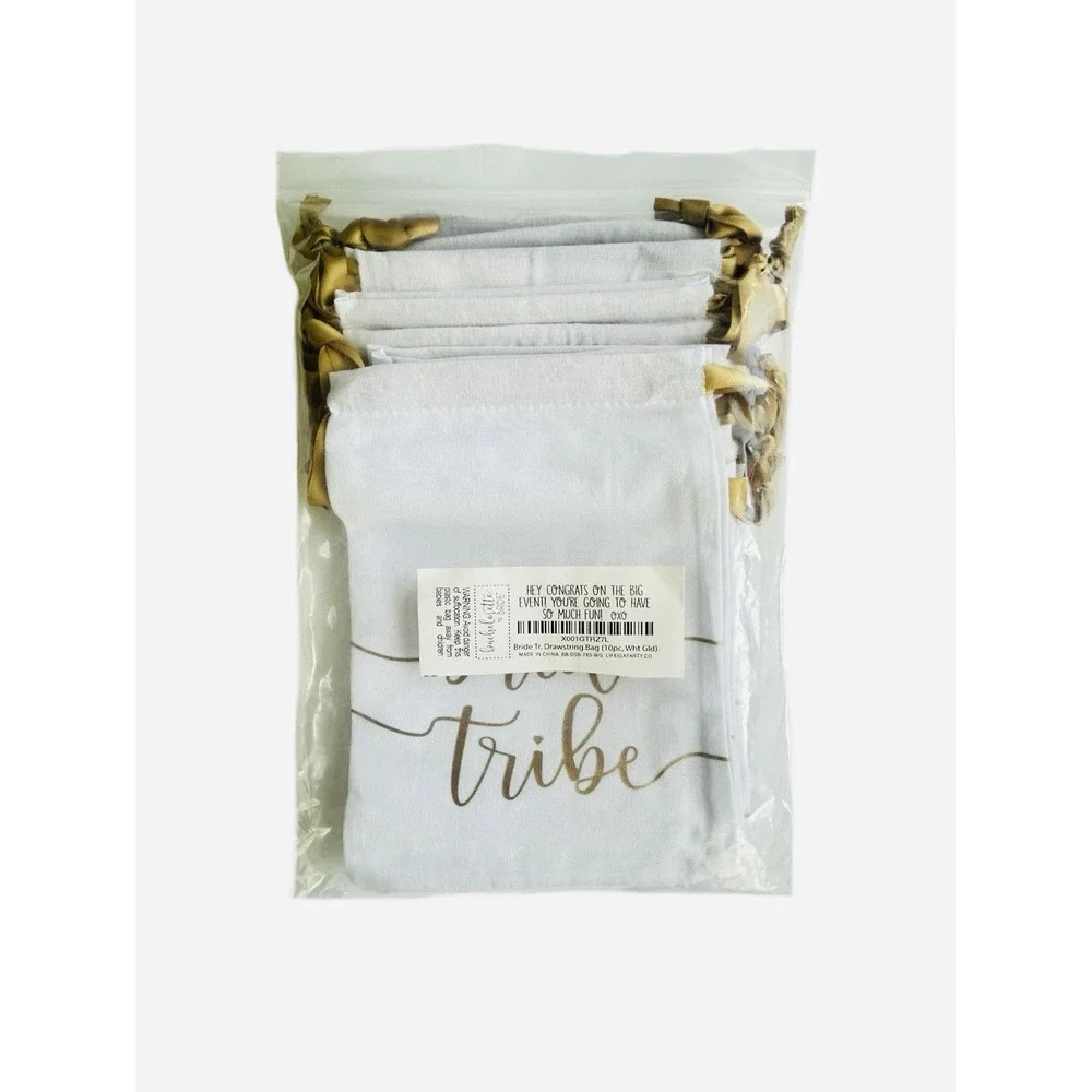 Bride Tribe Drawstring Favor Bags White‎ Gold Bachelorette Party Gift Set of 10